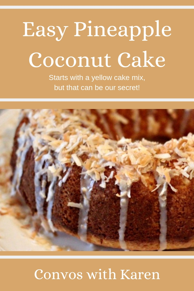 This pineapple coconut cake is a doctored cake mix recipe. It's a great springtime dessert that is easy to make, quick, and beautiful! Great for holidays, picnics, pot lucks -- or just to make Tuesdays feel special. #cakemixcakes #doctoredcakemix #pineapplecoconutcake #pineapple #coconut #quickdesserts #easyrecipes