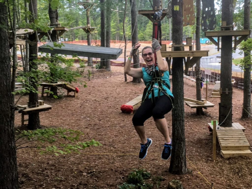 On the zip line at TreeRunner Park in Raleigh, NC