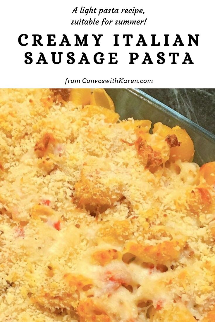 Pasta casserole with cheese, tomato, shell pasta and sausage