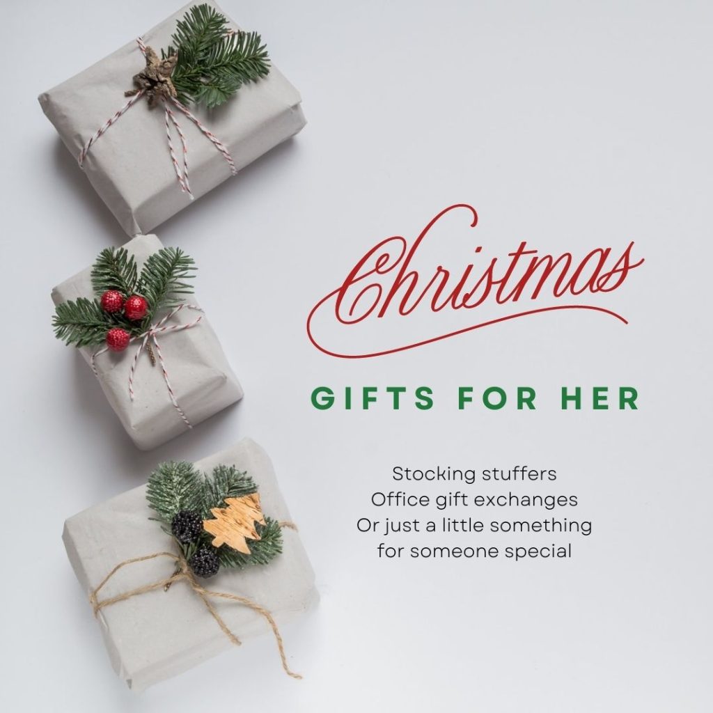 Christmas Gifts for her, three white gift boxes decorated for Christmas