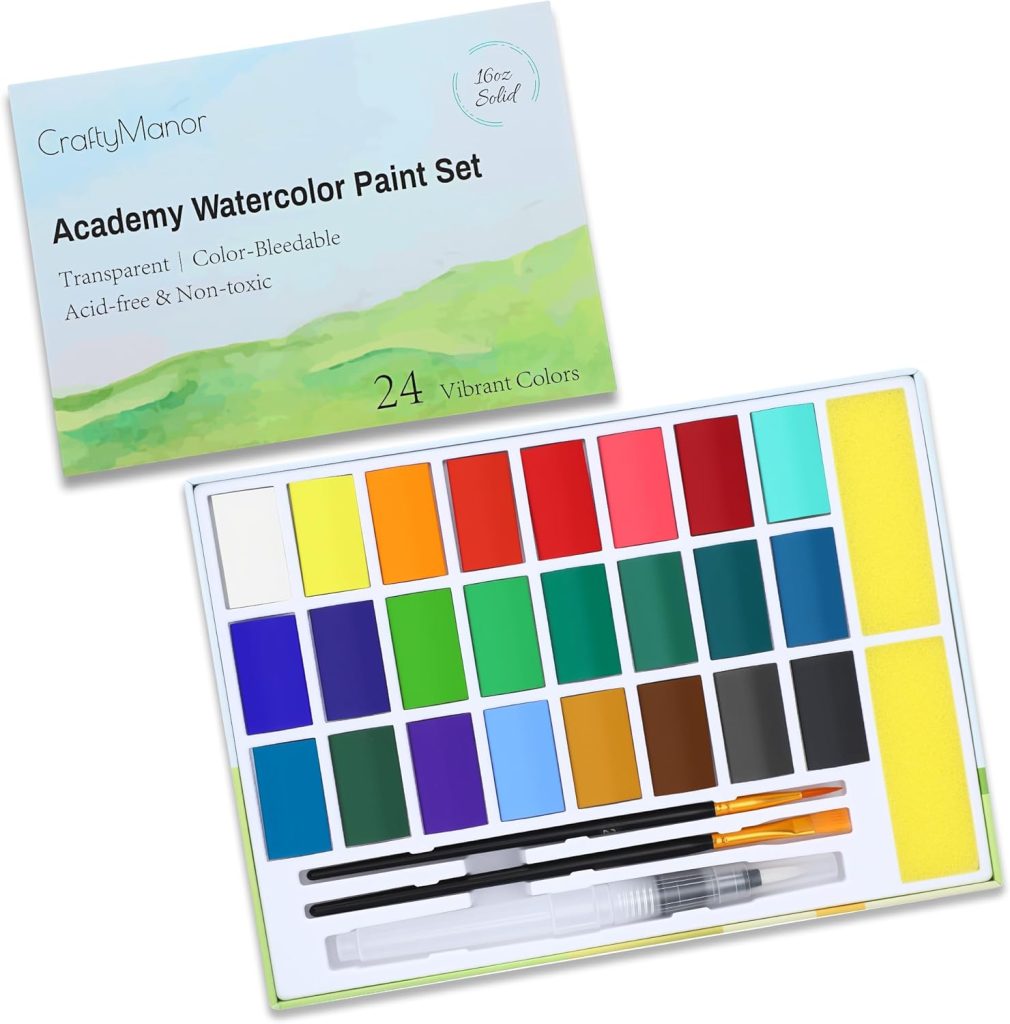 Watercolor paint set showing 24 colors.