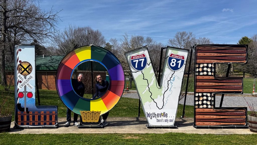 Wytheville LOVE Sign highlighting railroad history, the hot air balloons at the summer festival, the crossroads of two interstates and baseball.
